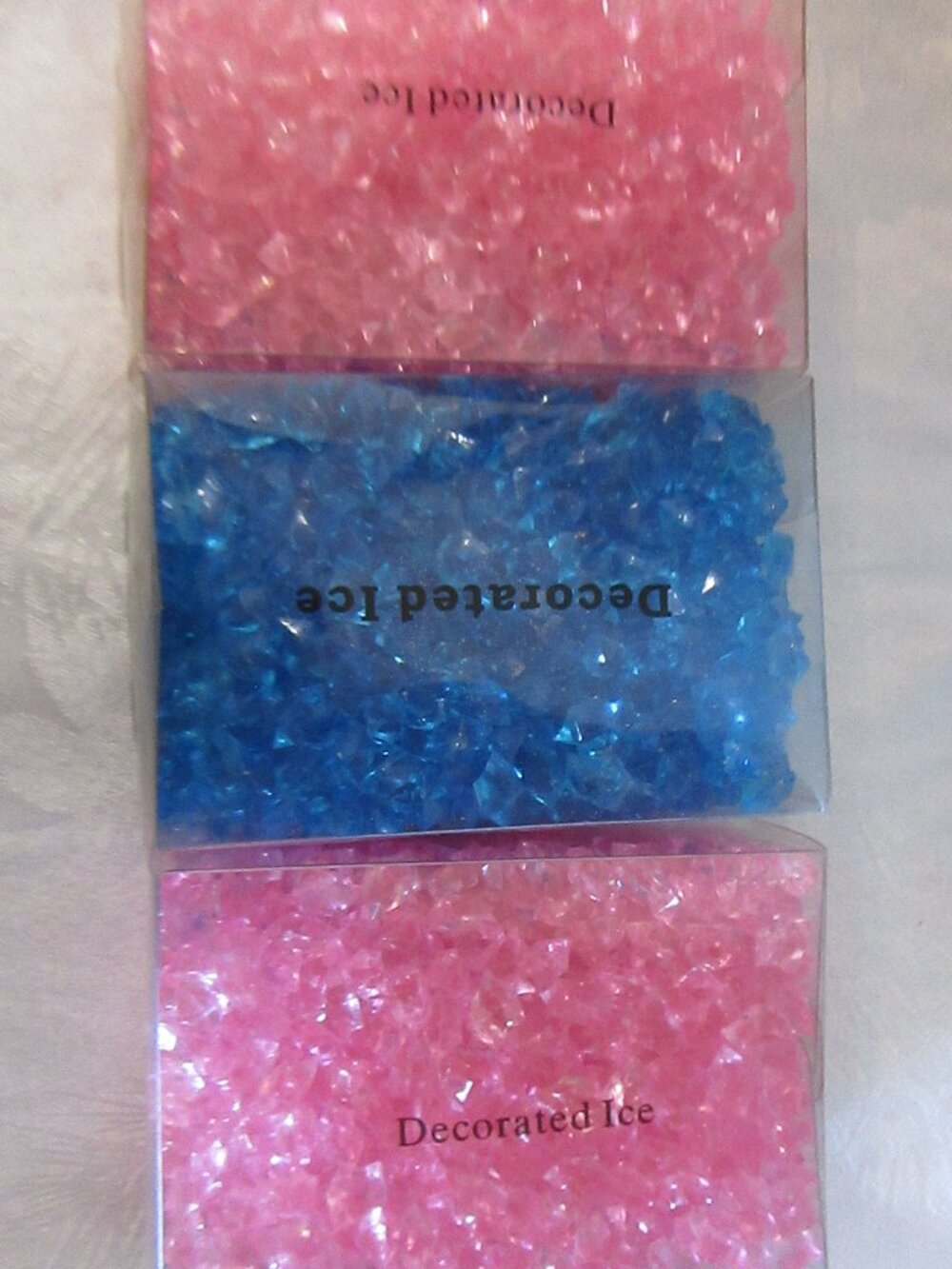 NEW 3 SMALL Plastic Boxes of Very Small Ice shaped "Decorated Ice" acrylic